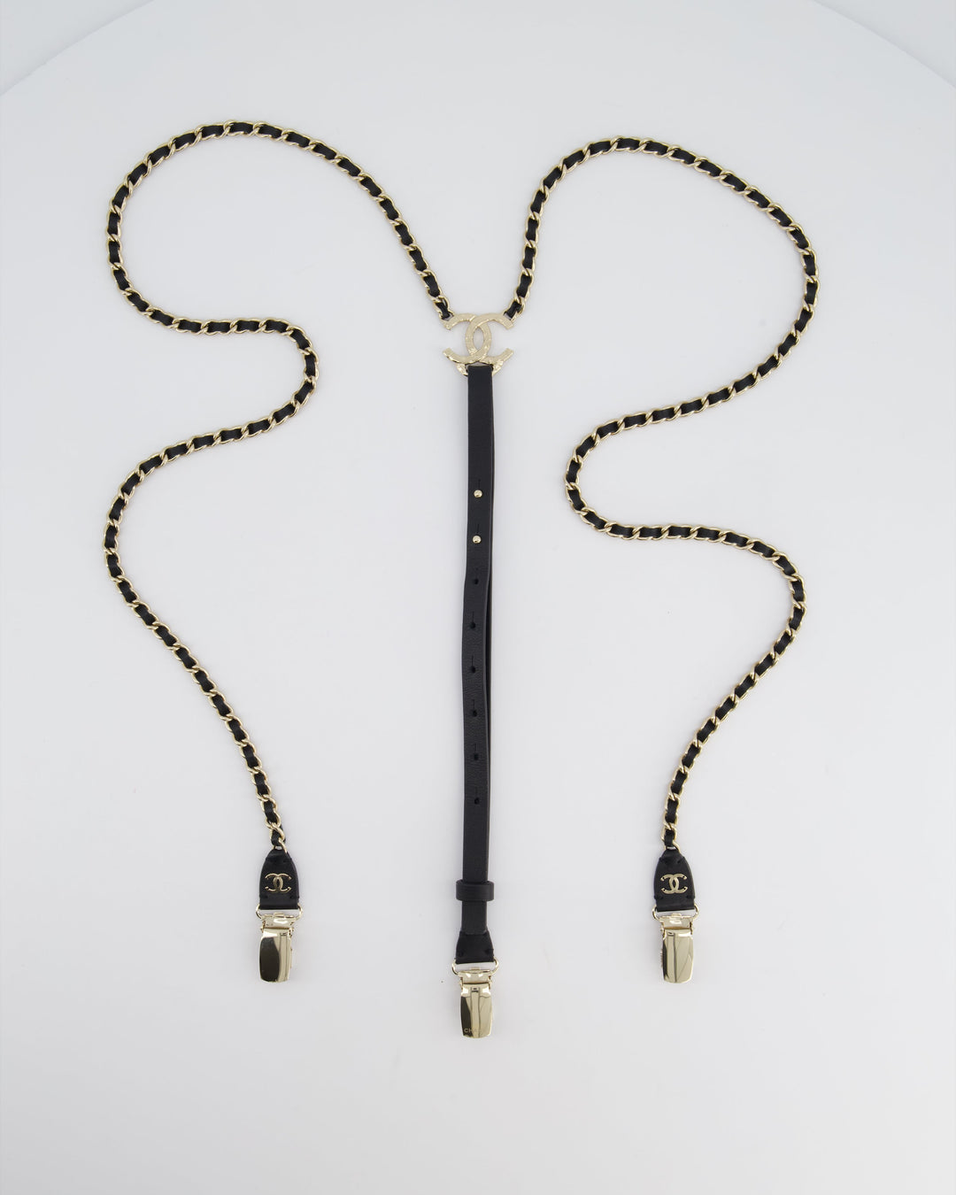 Top Quality Chanel Leather and Silver Chain Suspenders With CC Logo Detail