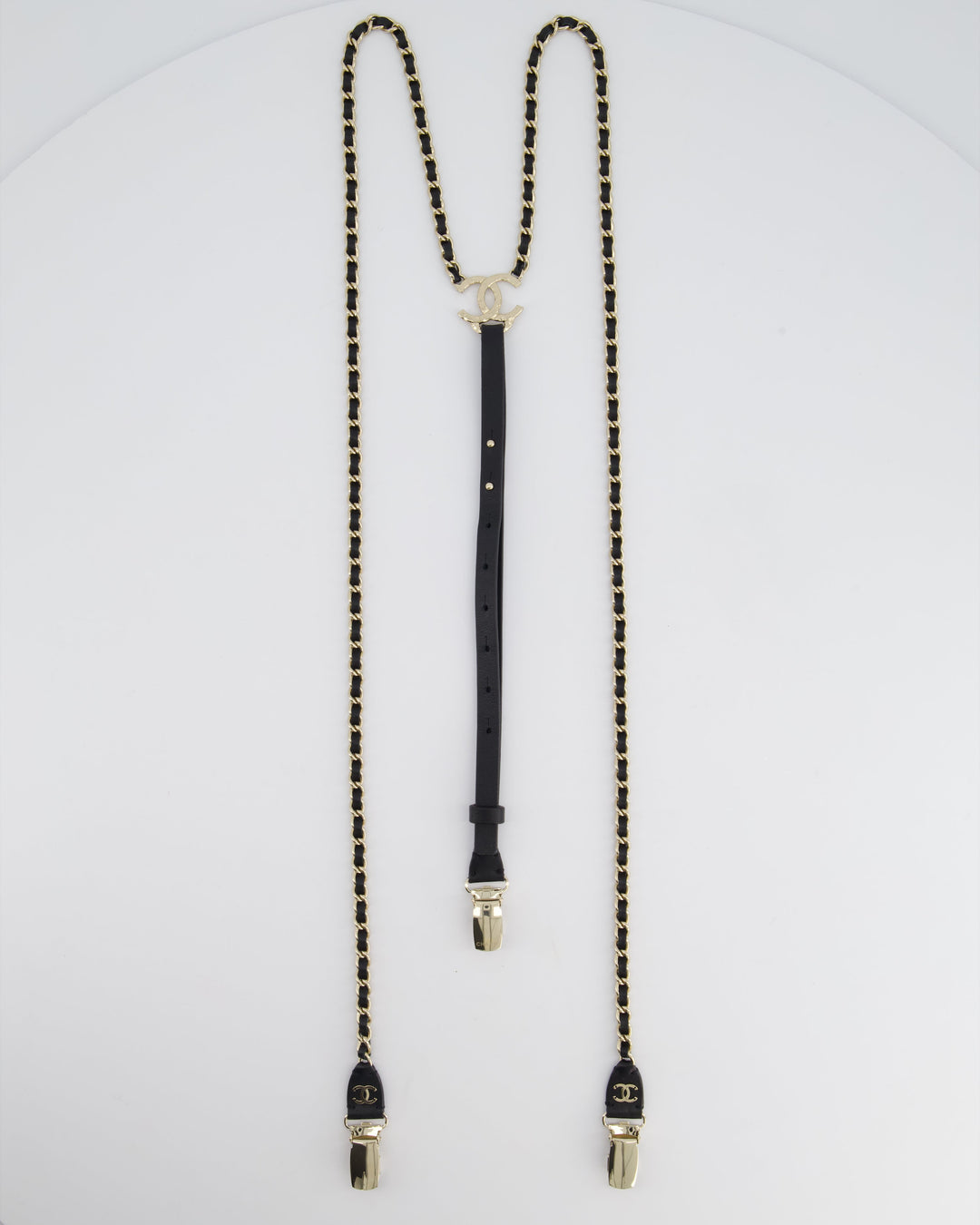 Top Quality Chanel Leather and Silver Chain Suspenders With CC Logo Detail