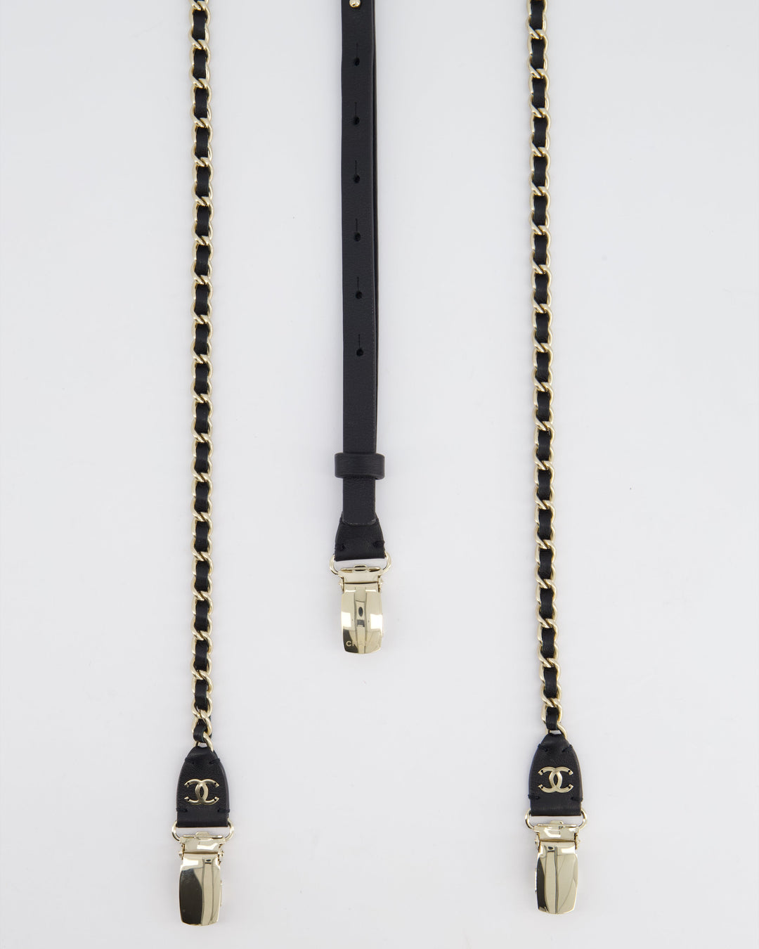 Top Quality Chanel Leather and Silver Chain Suspenders With CC Logo Detail