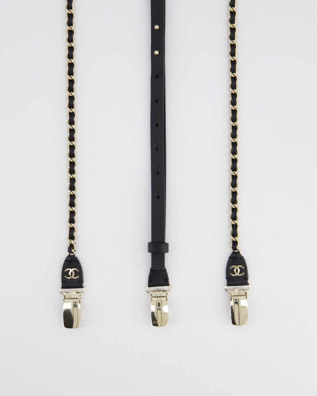 Top Quality Chanel Leather and Silver Chain Suspenders With CC Logo Detail