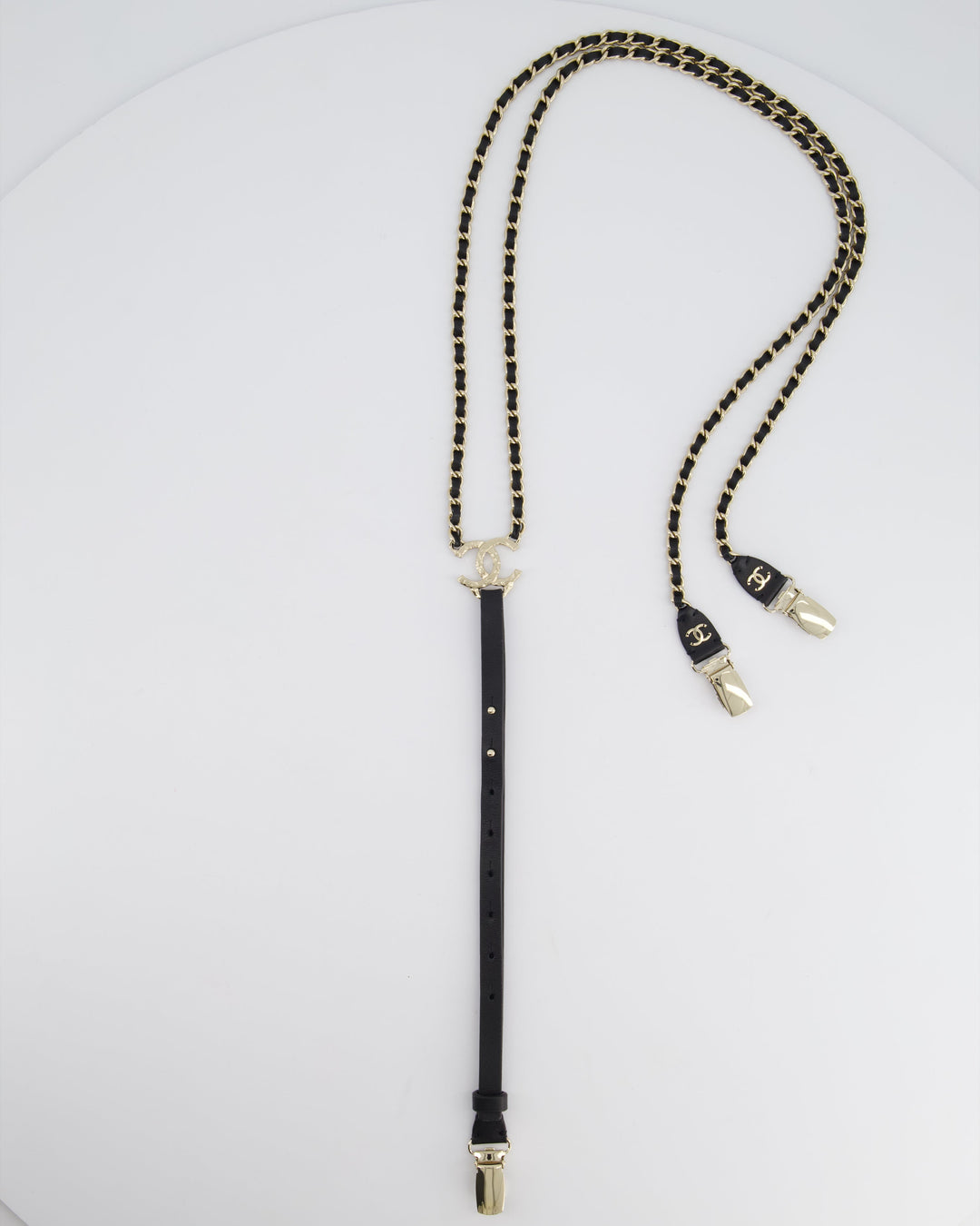 Top Quality Chanel Leather and Silver Chain Suspenders With CC Logo Detail