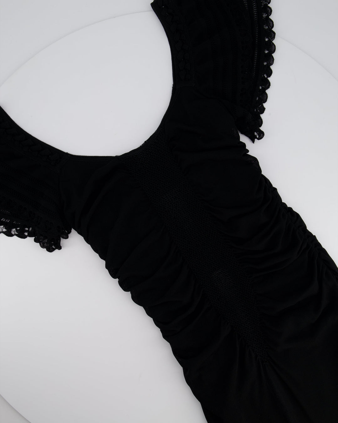 Top Quality Chanel 07C Black Short Sleeve Midi Dress With Crochet and Ruching Detail FR 36 (UK 8)