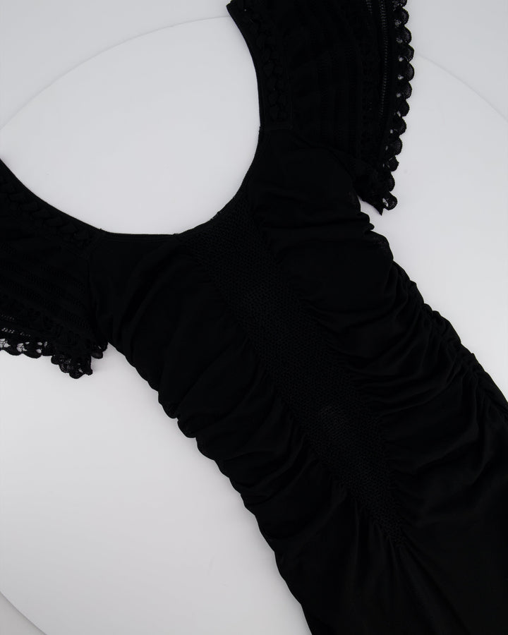 Top Quality Chanel 07C Black Short Sleeve Midi Dress With Crochet and Ruching Detail FR 36 (UK 8)