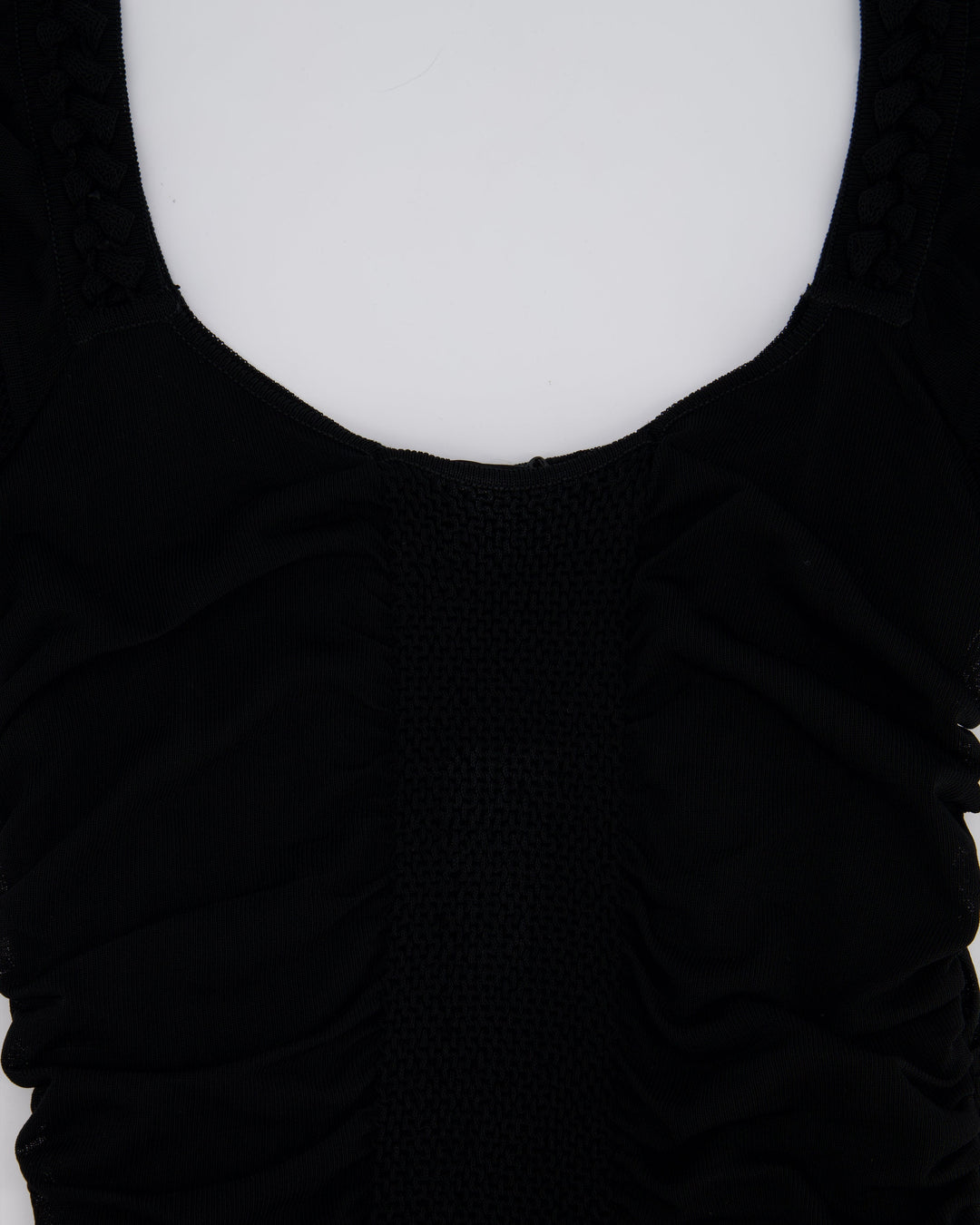 Top Quality Chanel 07C Black Short Sleeve Midi Dress With Crochet and Ruching Detail FR 36 (UK 8)