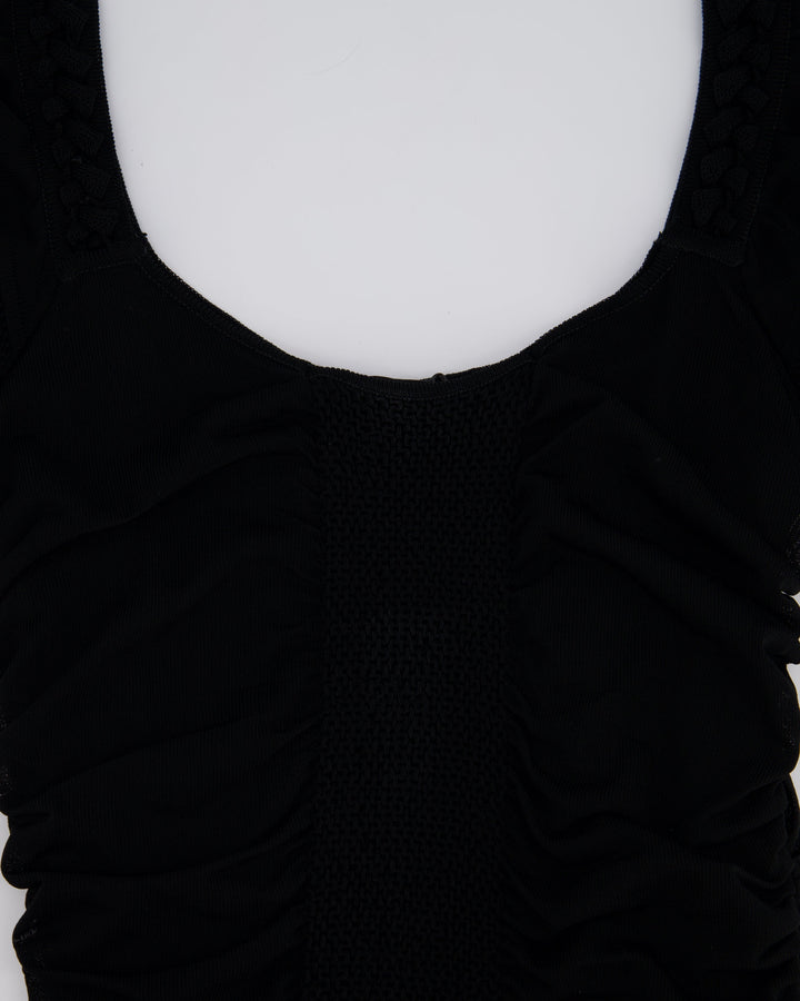 Top Quality Chanel 07C Black Short Sleeve Midi Dress With Crochet and Ruching Detail FR 36 (UK 8)