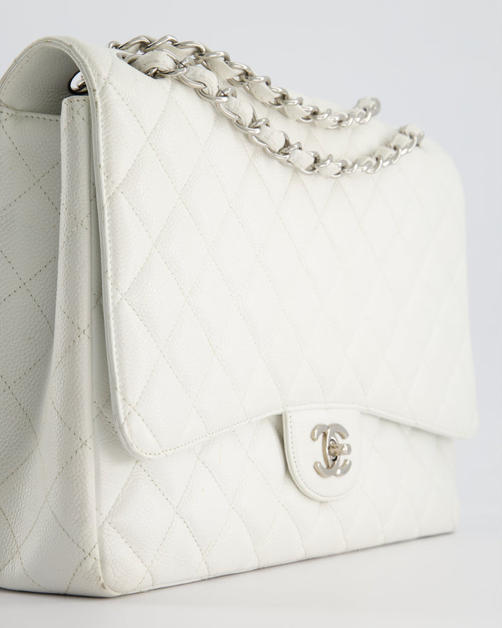 Top Quality Chanel White Classic Maxi Single Flap Bag in Caviar Leather with Silver Hardware
