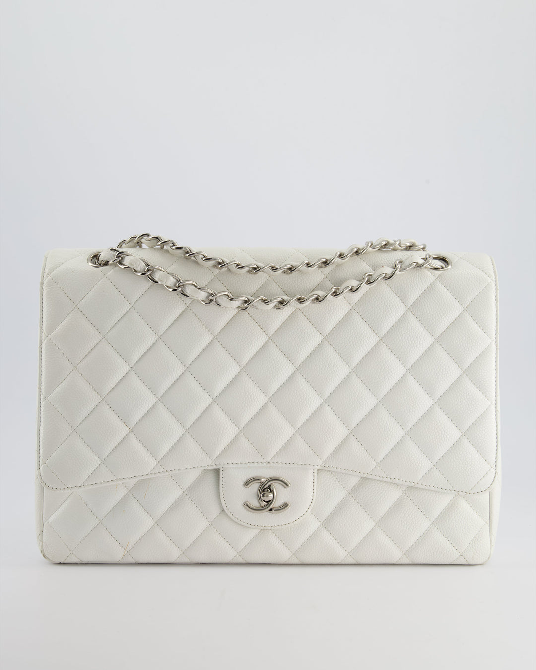 Top Quality Chanel White Classic Maxi Single Flap Bag in Caviar Leather with Silver Hardware
