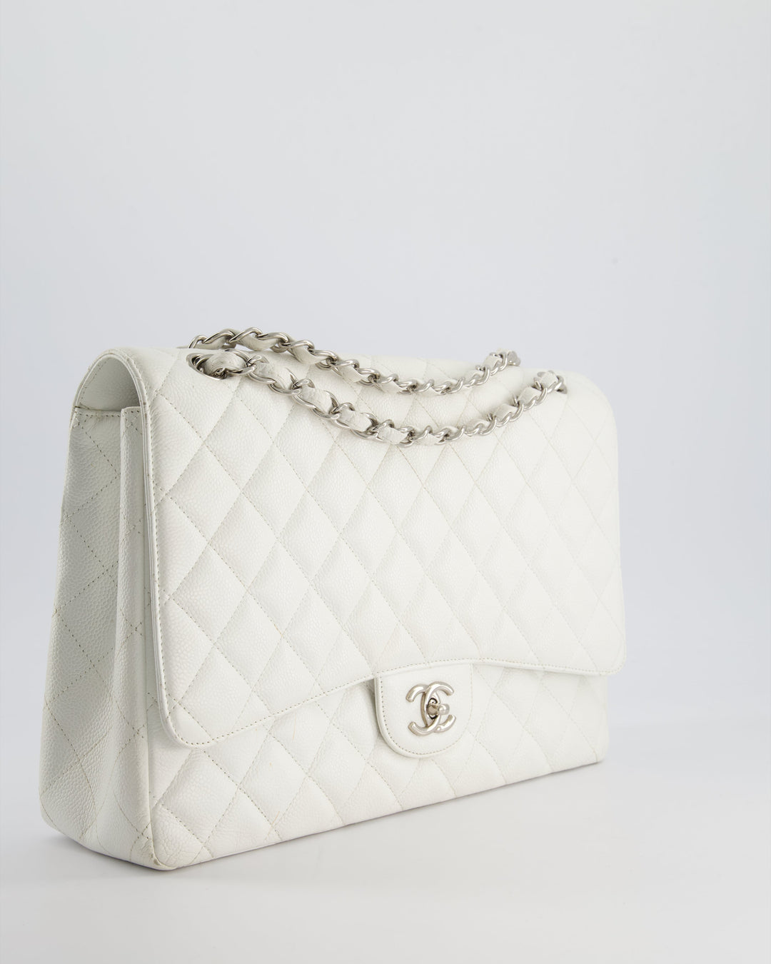 Top Quality Chanel White Classic Maxi Single Flap Bag in Caviar Leather with Silver Hardware