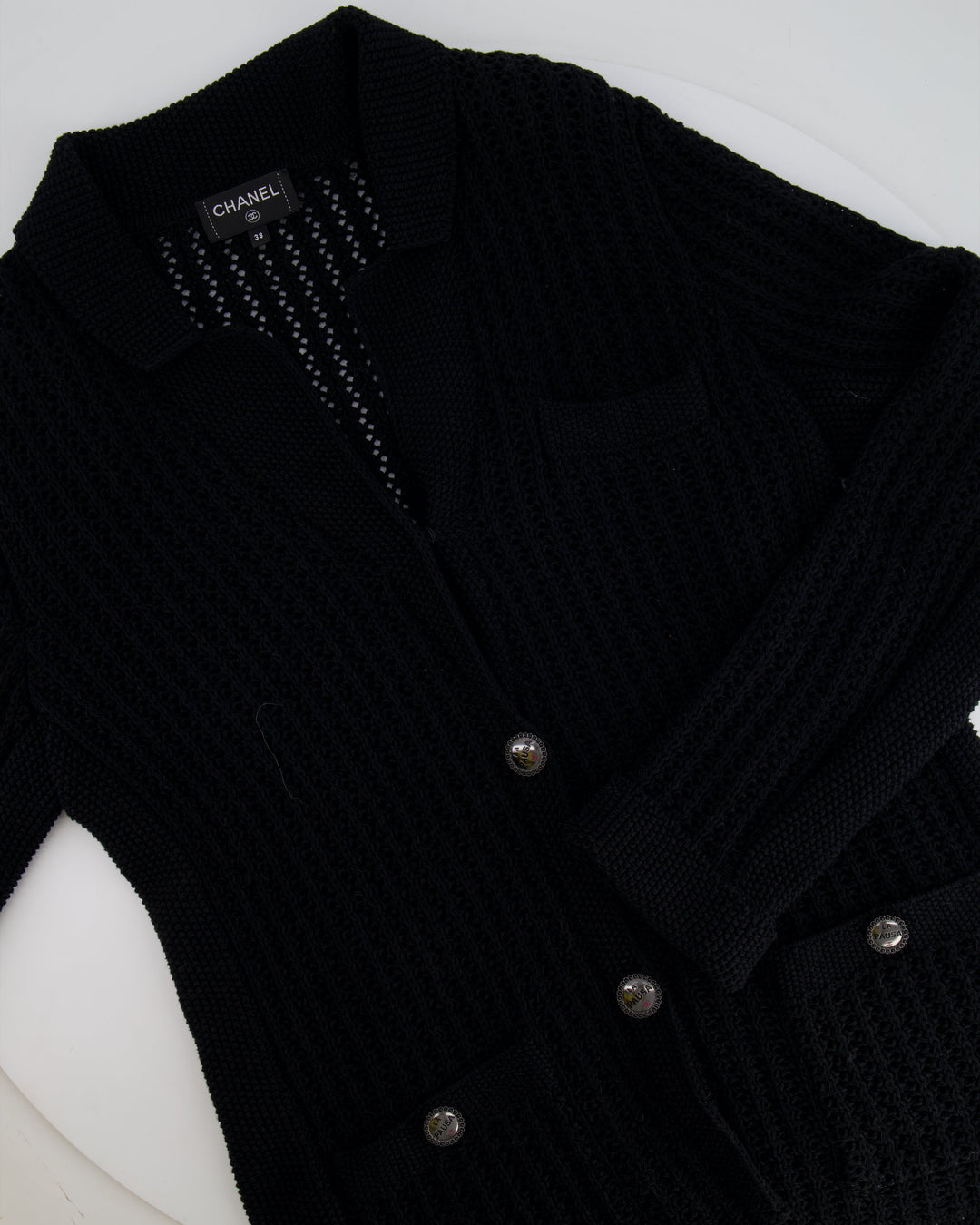 Top Quality Chanel Black La Pausa Knit igan with Logo Buttons Details Size FR 38 (UK 10)