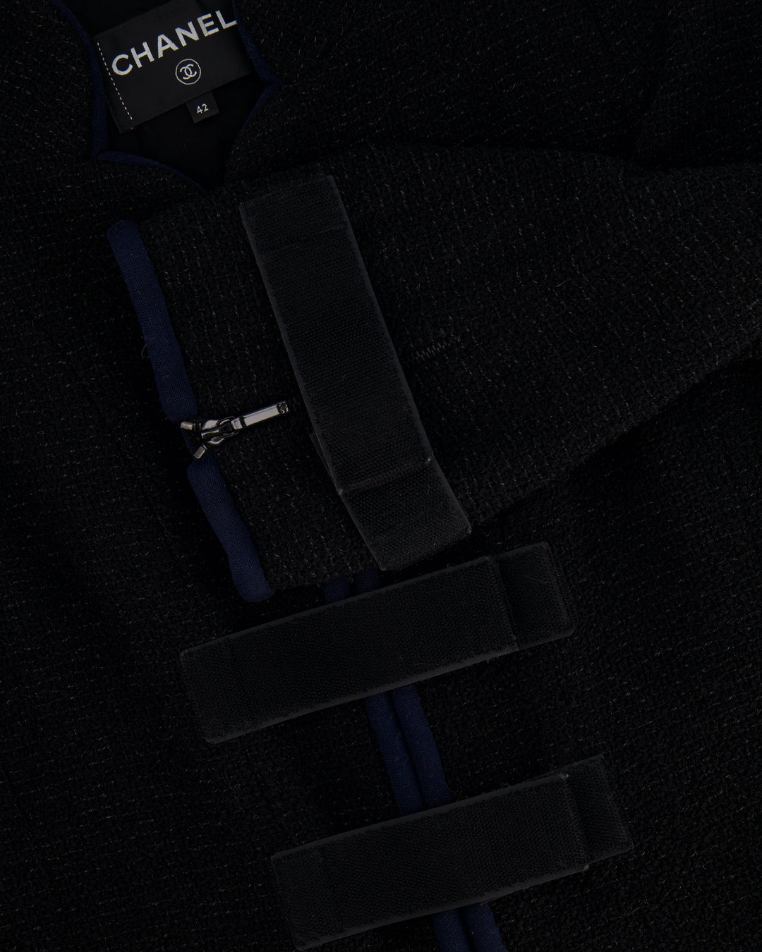 Top Quality Chanel Black Tweed Jacket with Velcro and Navy Details Size FR 42 (UK 14)