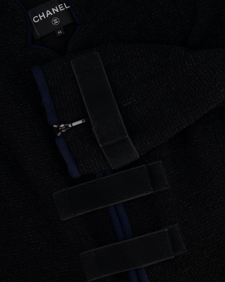 Top Quality Chanel Black Tweed Jacket with Velcro and Navy Details Size FR 42 (UK 14)