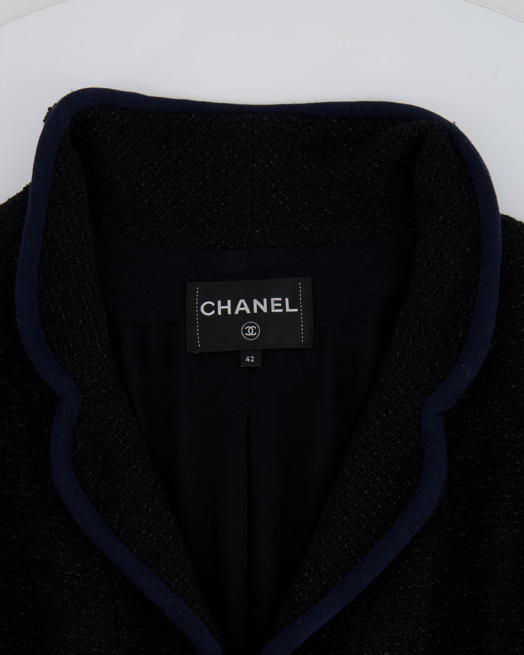 Top Quality Chanel Black Tweed Jacket with Velcro and Navy Details Size FR 42 (UK 14)