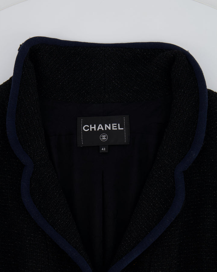 Top Quality Chanel Black Tweed Jacket with Velcro and Navy Details Size FR 42 (UK 14)