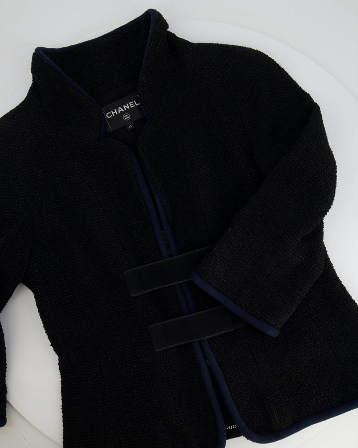 Top Quality Chanel Black Tweed Jacket with Velcro and Navy Details Size FR 42 (UK 14)