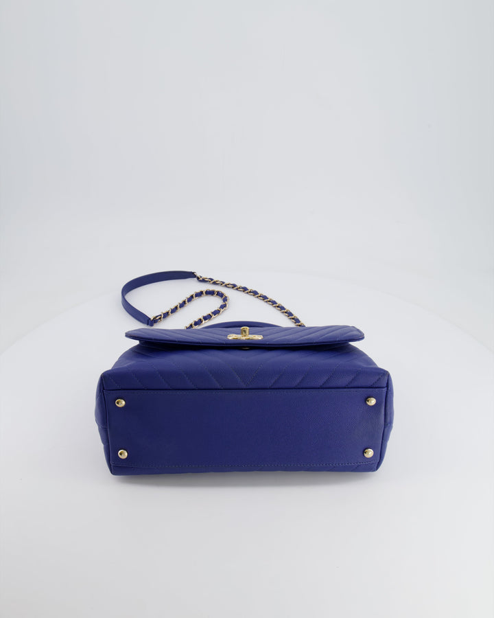 *HOT COLOUR* Top Quality Chanel Royal Blue Chevron Medium Coco Top Handle Flap Bag in Caviar Leather with Gold Hardware