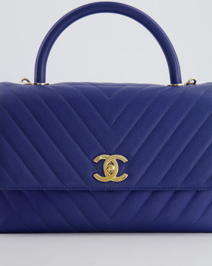*HOT COLOUR* Top Quality Chanel Royal Blue Chevron Medium Coco Top Handle Flap Bag in Caviar Leather with Gold Hardware