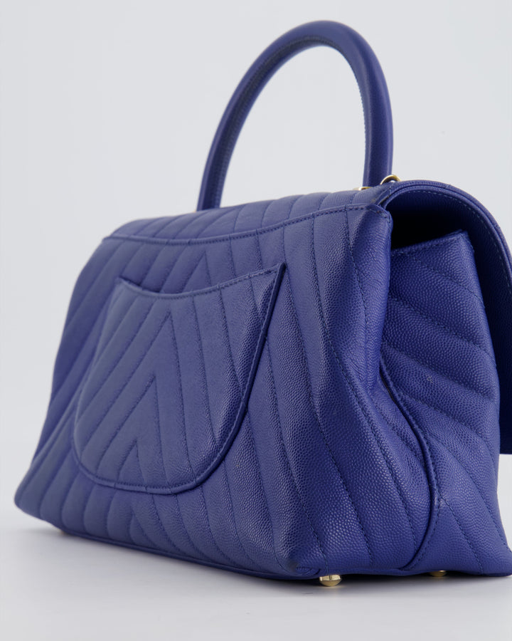 *HOT COLOUR* Top Quality Chanel Royal Blue Chevron Medium Coco Top Handle Flap Bag in Caviar Leather with Gold Hardware