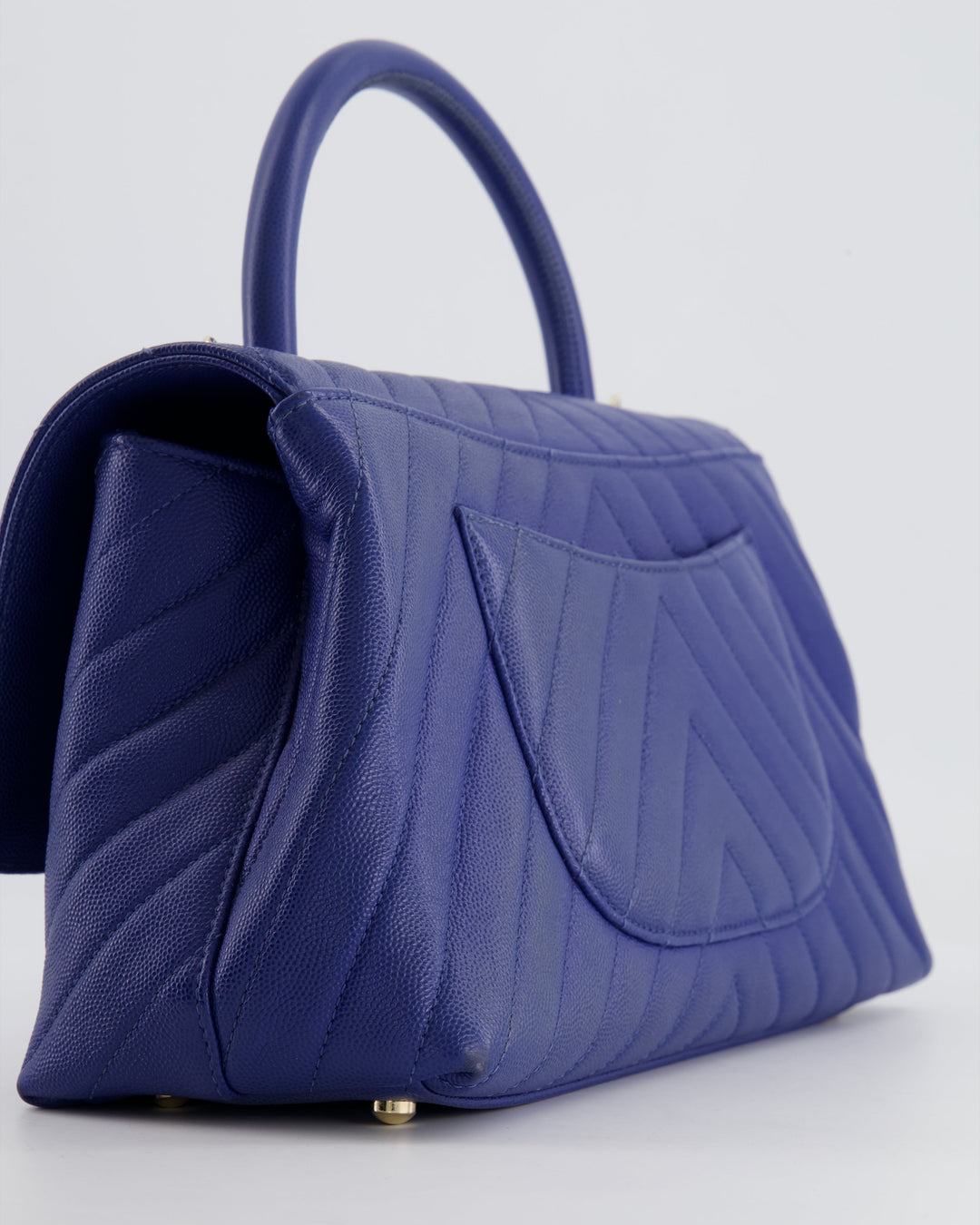 *HOT COLOUR* Top Quality Chanel Royal Blue Chevron Medium Coco Top Handle Flap Bag in Caviar Leather with Gold Hardware