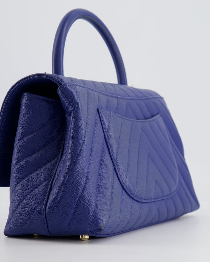 *HOT COLOUR* Top Quality Chanel Royal Blue Chevron Medium Coco Top Handle Flap Bag in Caviar Leather with Gold Hardware