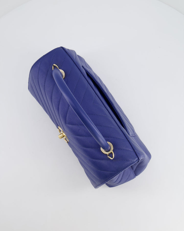 *HOT COLOUR* Top Quality Chanel Royal Blue Chevron Medium Coco Top Handle Flap Bag in Caviar Leather with Gold Hardware