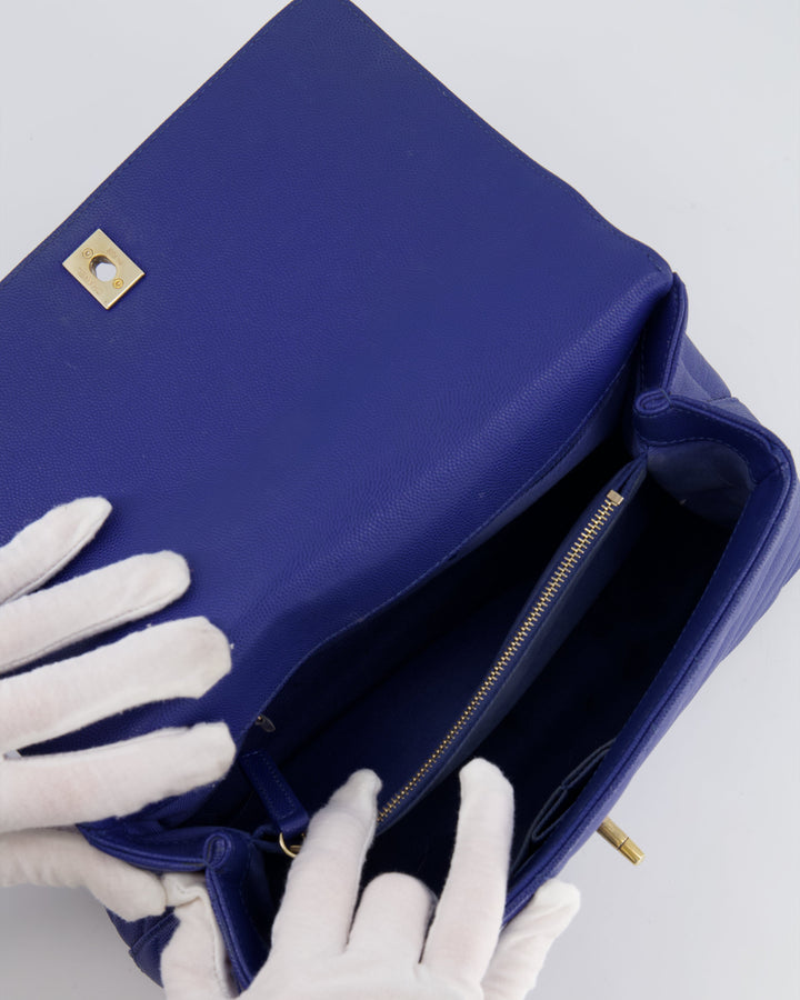 *HOT COLOUR* Top Quality Chanel Royal Blue Chevron Medium Coco Top Handle Flap Bag in Caviar Leather with Gold Hardware