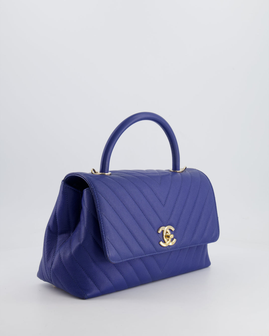 *HOT COLOUR* Top Quality Chanel Royal Blue Chevron Medium Coco Top Handle Flap Bag in Caviar Leather with Gold Hardware