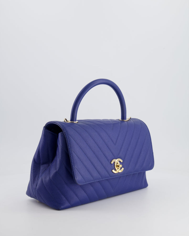*HOT COLOUR* Top Quality Chanel Royal Blue Chevron Medium Coco Top Handle Flap Bag in Caviar Leather with Gold Hardware