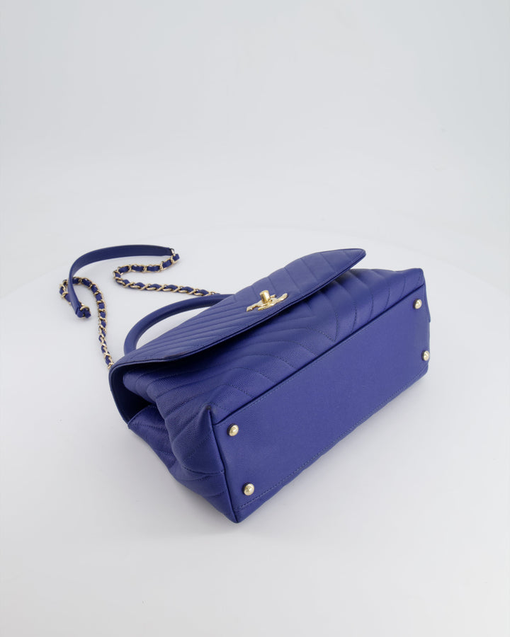 *HOT COLOUR* Top Quality Chanel Royal Blue Chevron Medium Coco Top Handle Flap Bag in Caviar Leather with Gold Hardware