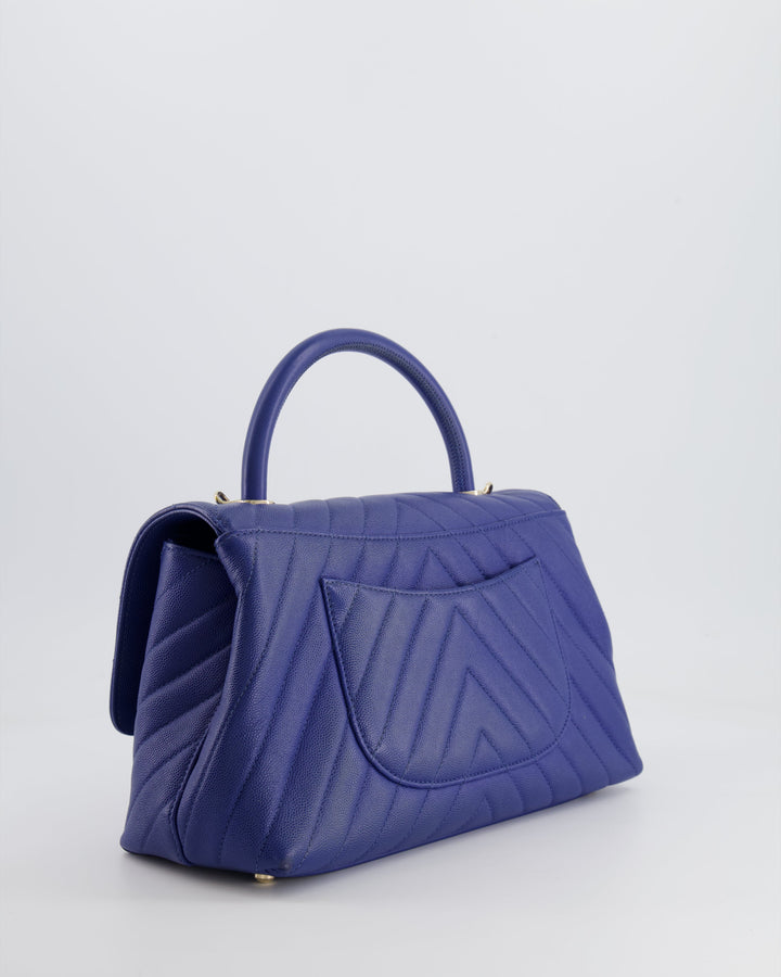 *HOT COLOUR* Top Quality Chanel Royal Blue Chevron Medium Coco Top Handle Flap Bag in Caviar Leather with Gold Hardware
