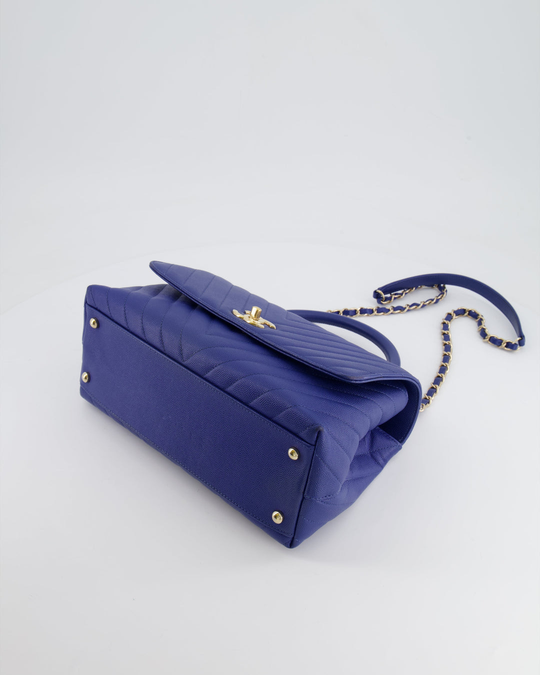 *HOT COLOUR* Top Quality Chanel Royal Blue Chevron Medium Coco Top Handle Flap Bag in Caviar Leather with Gold Hardware