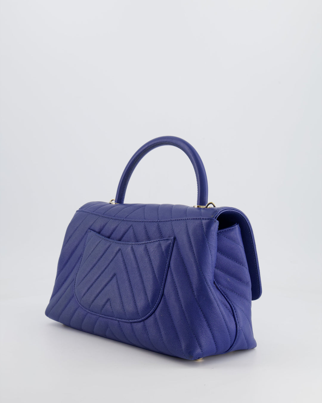 *HOT COLOUR* Top Quality Chanel Royal Blue Chevron Medium Coco Top Handle Flap Bag in Caviar Leather with Gold Hardware