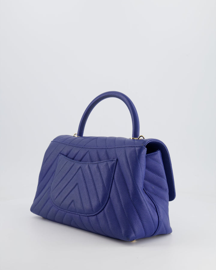 *HOT COLOUR* Top Quality Chanel Royal Blue Chevron Medium Coco Top Handle Flap Bag in Caviar Leather with Gold Hardware