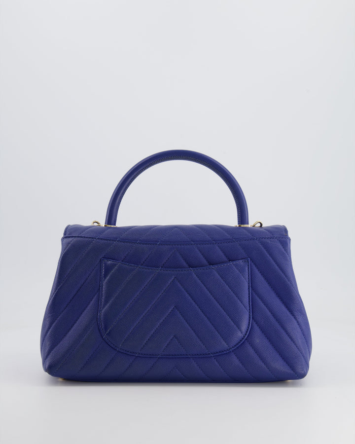 *HOT COLOUR* Top Quality Chanel Royal Blue Chevron Medium Coco Top Handle Flap Bag in Caviar Leather with Gold Hardware