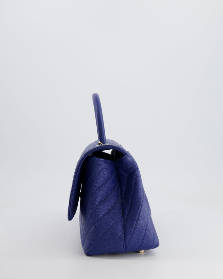 *HOT COLOUR* Top Quality Chanel Royal Blue Chevron Medium Coco Top Handle Flap Bag in Caviar Leather with Gold Hardware