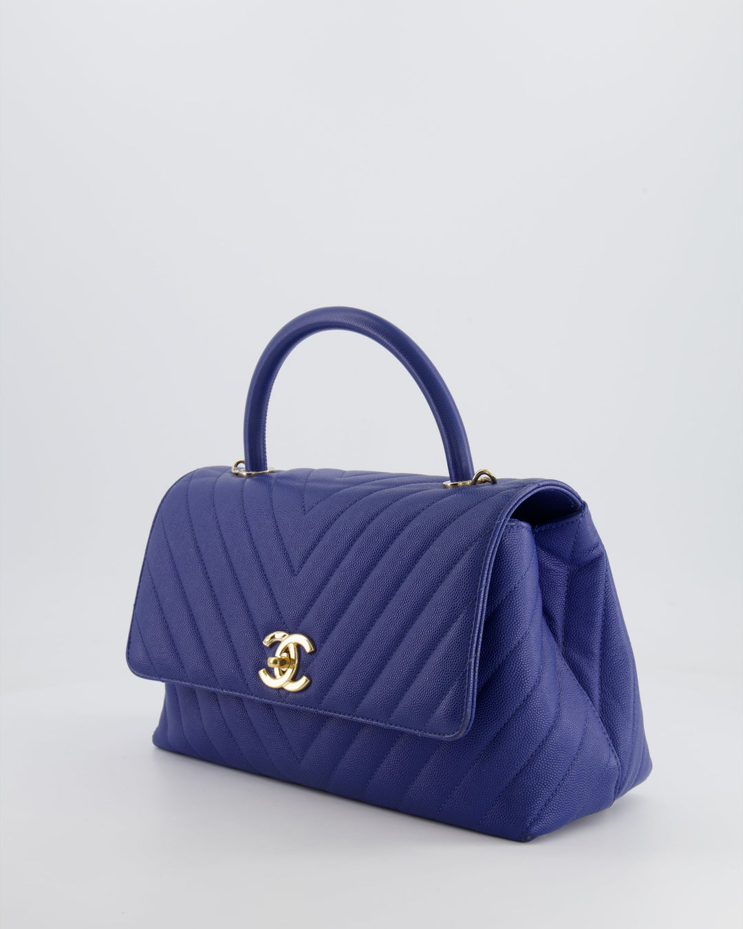 *HOT COLOUR* Top Quality Chanel Royal Blue Chevron Medium Coco Top Handle Flap Bag in Caviar Leather with Gold Hardware