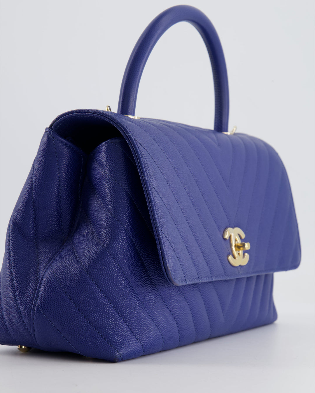 *HOT COLOUR* Top Quality Chanel Royal Blue Chevron Medium Coco Top Handle Flap Bag in Caviar Leather with Gold Hardware