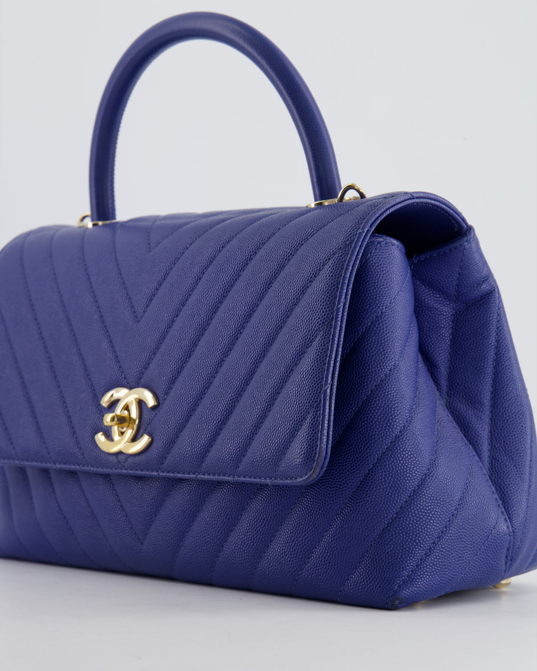 *HOT COLOUR* Top Quality Chanel Royal Blue Chevron Medium Coco Top Handle Flap Bag in Caviar Leather with Gold Hardware