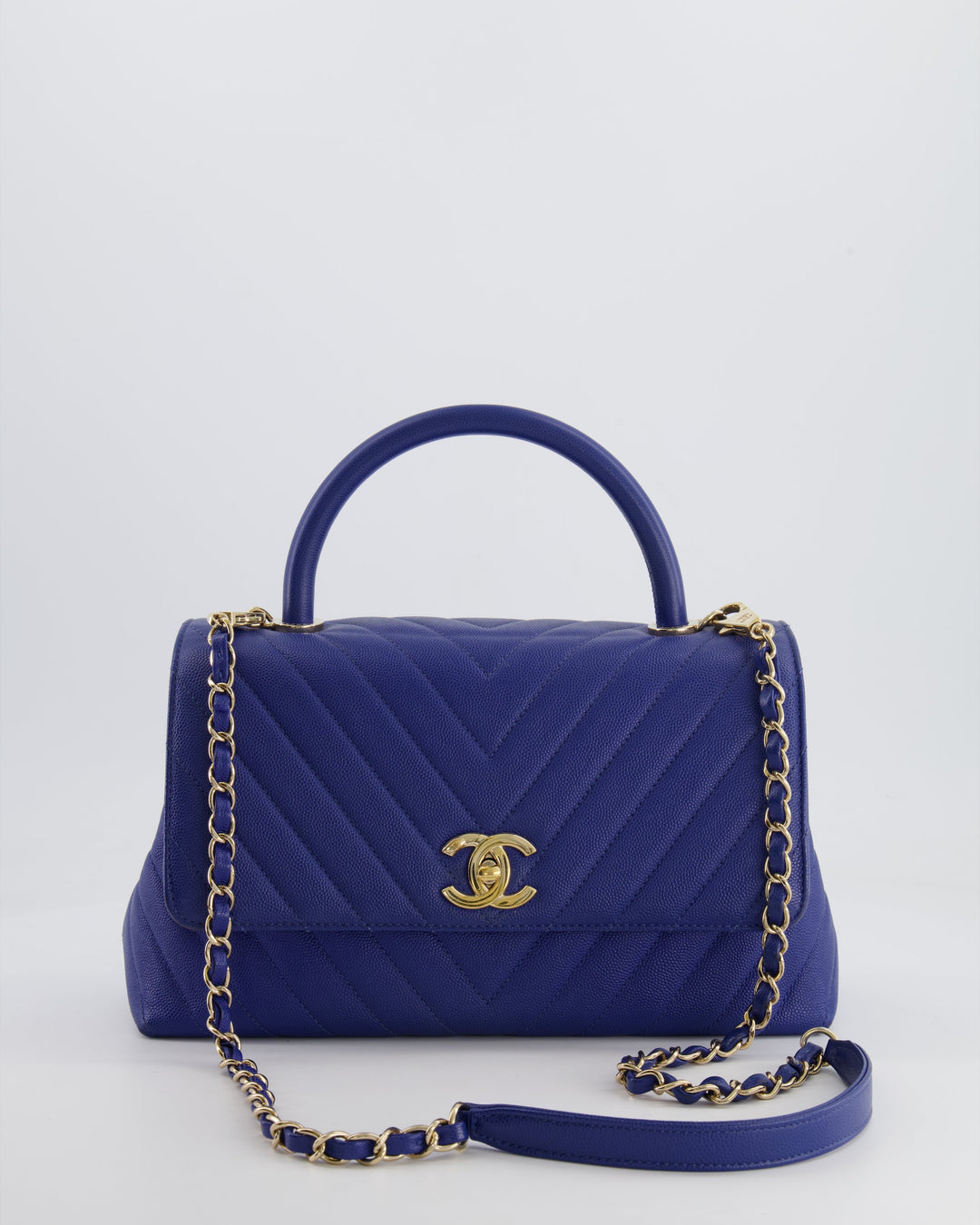 *HOT COLOUR* Top Quality Chanel Royal Blue Chevron Medium Coco Top Handle Flap Bag in Caviar Leather with Gold Hardware