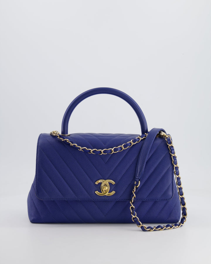 *HOT COLOUR* Top Quality Chanel Royal Blue Chevron Medium Coco Top Handle Flap Bag in Caviar Leather with Gold Hardware
