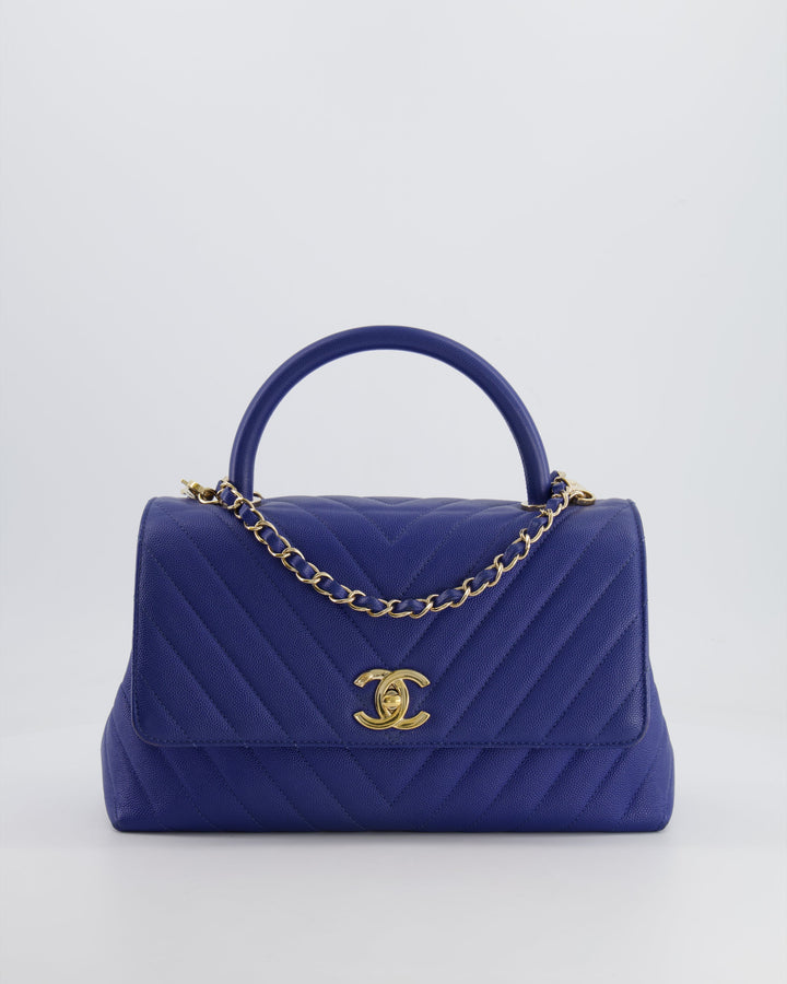 *HOT COLOUR* Top Quality Chanel Royal Blue Chevron Medium Coco Top Handle Flap Bag in Caviar Leather with Gold Hardware