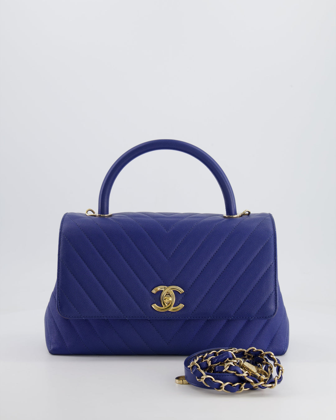 *HOT COLOUR* Top Quality Chanel Royal Blue Chevron Medium Coco Top Handle Flap Bag in Caviar Leather with Gold Hardware