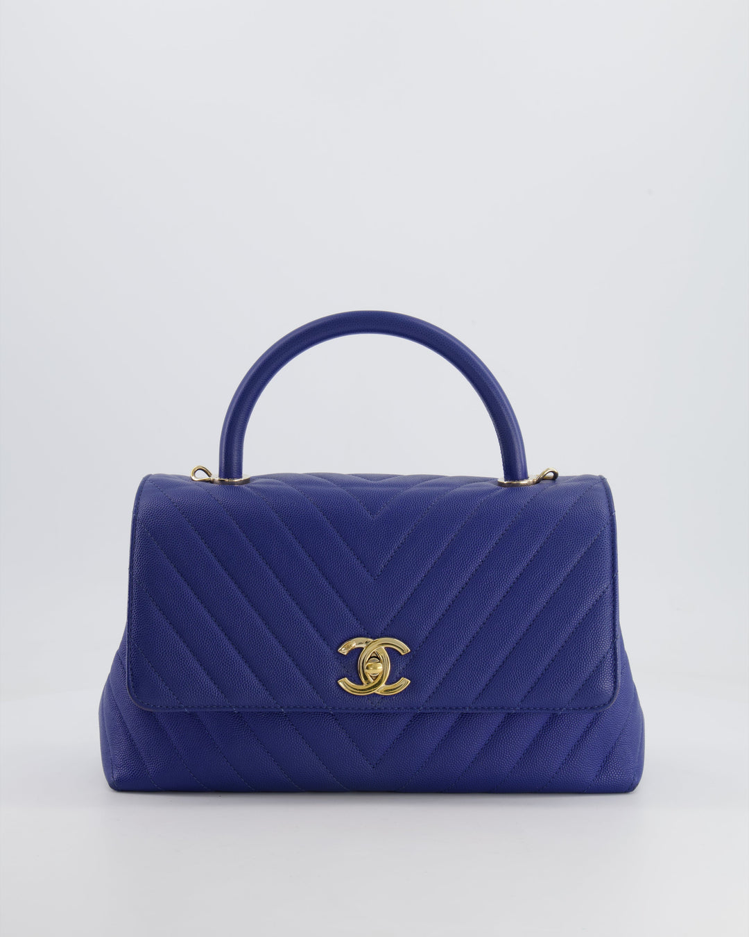 *HOT COLOUR* Top Quality Chanel Royal Blue Chevron Medium Coco Top Handle Flap Bag in Caviar Leather with Gold Hardware