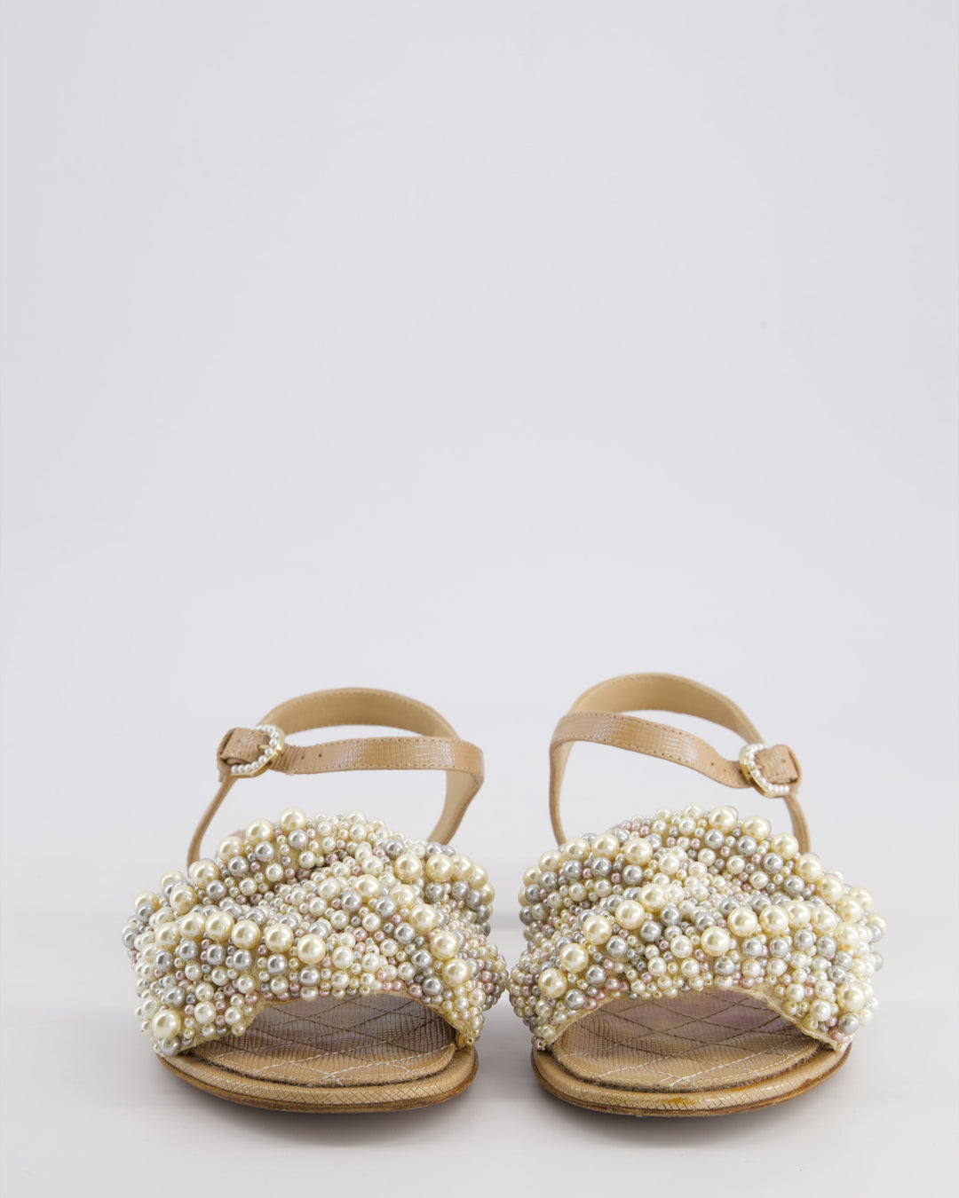 Top Quality Chanel Shimmer Beige Sandals with Pearl Detail Size EU 36.5C