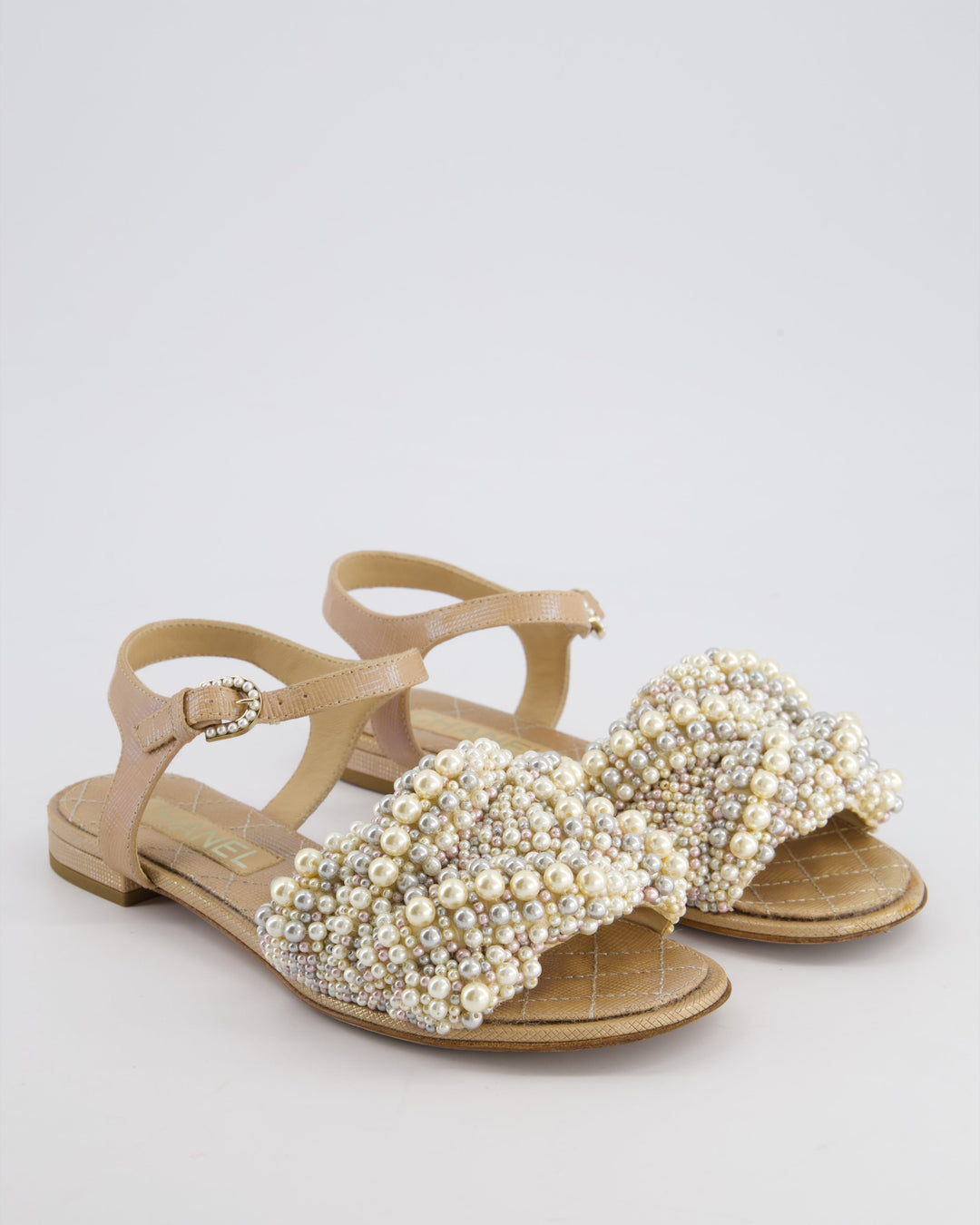 Top Quality Chanel Shimmer Beige Sandals with Pearl Detail Size EU 36.5C