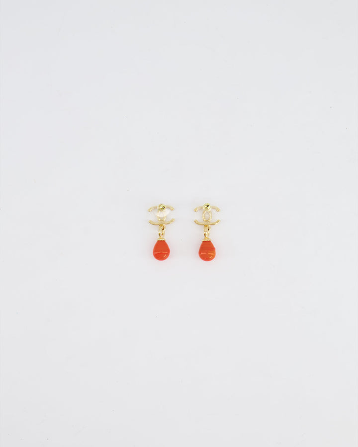 *HOT* Top Quality Chanel Gold and Orange CC Logo Pendant Earrings