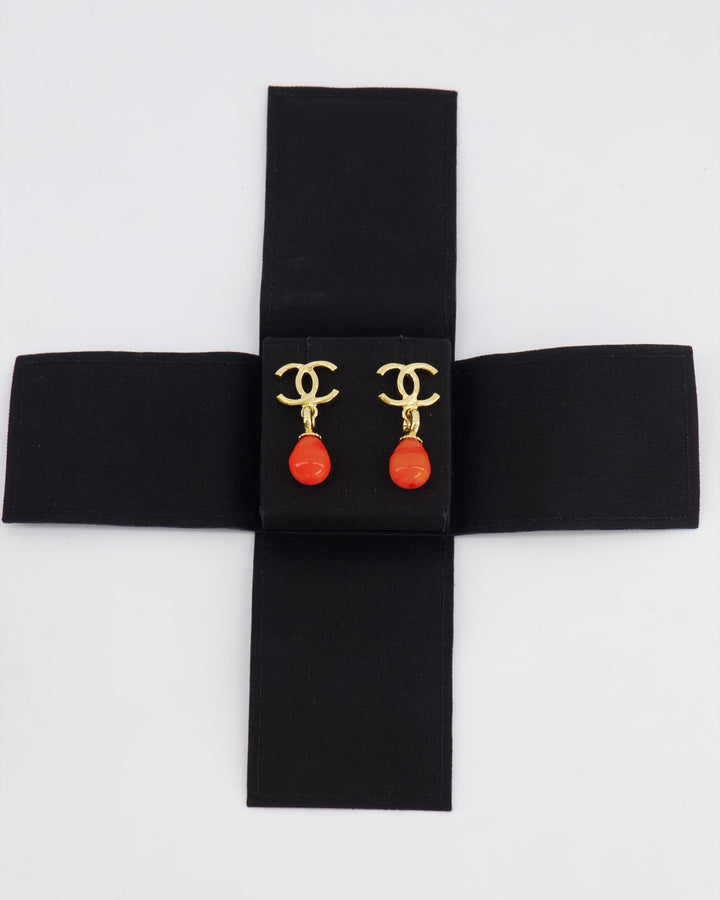 *HOT* Top Quality Chanel Gold and Orange CC Logo Pendant Earrings