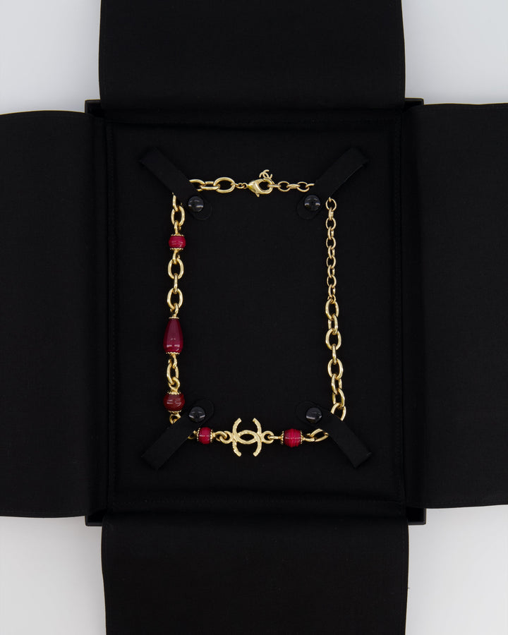 *HOT* Top Quality Chanel Gold Necklace with Burgundy Stone Details and CC Logo