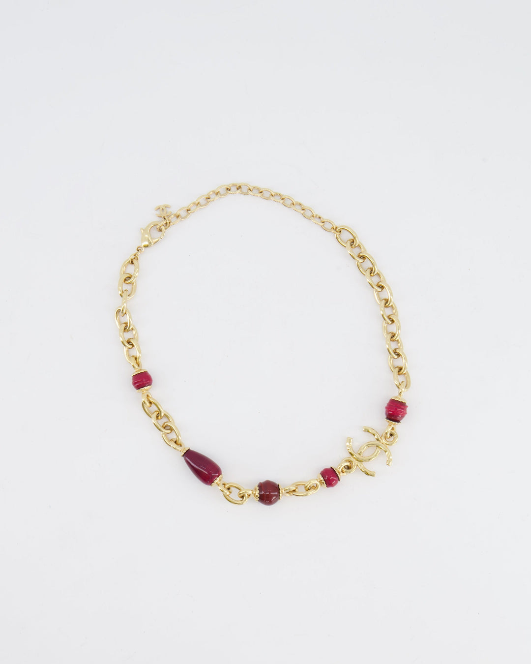 *HOT* Top Quality Chanel Gold Necklace with Burgundy Stone Details and CC Logo
