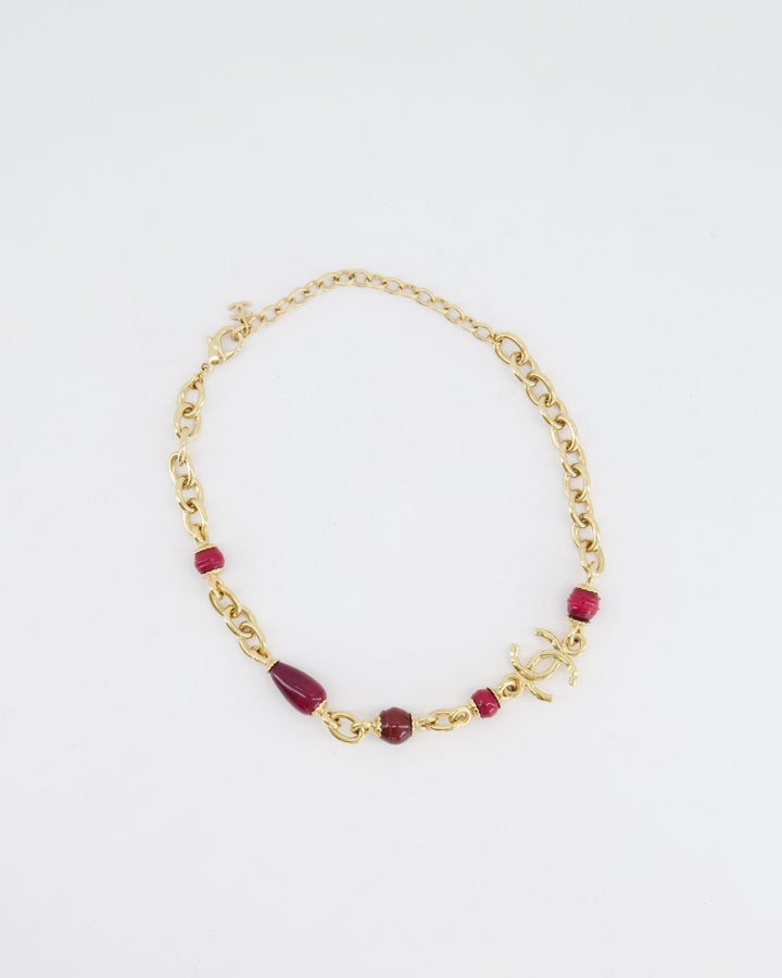 *HOT* Top Quality Chanel Gold Necklace with Burgundy Stone Details and CC Logo