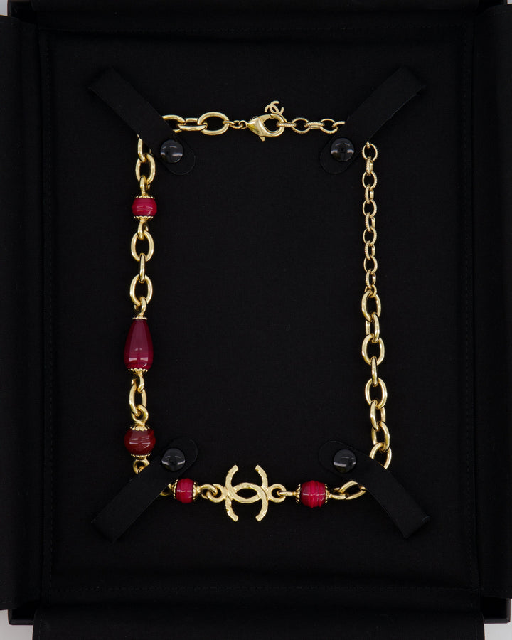 *HOT* Top Quality Chanel Gold Necklace with Burgundy Stone Details and CC Logo